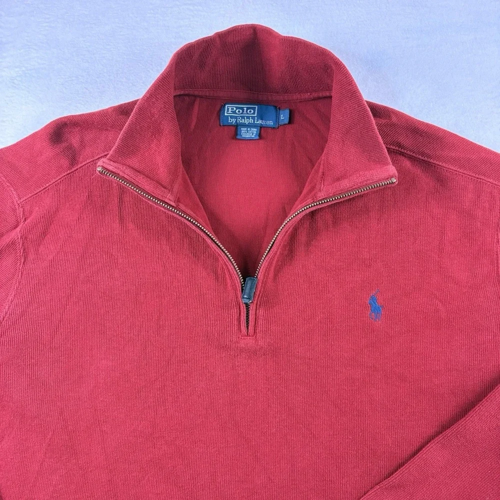 Polo Ralph Lauren Vtg Men's 1/4 Zip Pullover Sweater Red Size Large Blue Pony